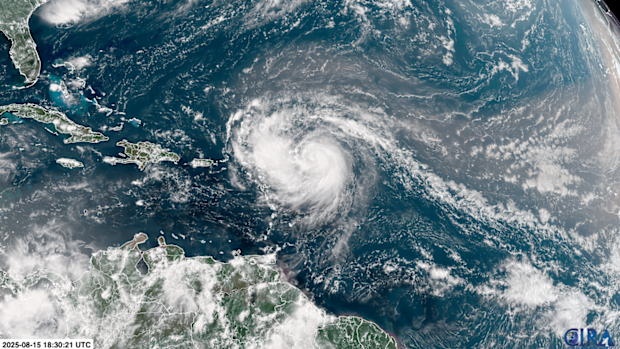 Hurricane Erin churns in the Atlantic Ocean.