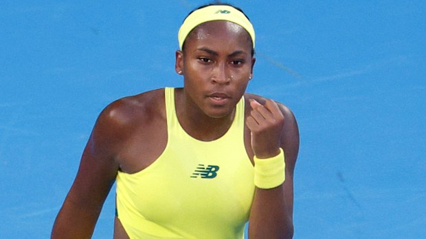 MELBOURNE, AUSTRALIA - JANUARY 17: Coco Gauff of the United States celebrates set point against Leylah Fernandez of Canada in the Women's Singles Third Round match during day six of the 2025 Australian Open at Melbourne Park on January 17, 2025 in Melbourne, Australia. (Photo by Daniel Pockett/Getty Images)