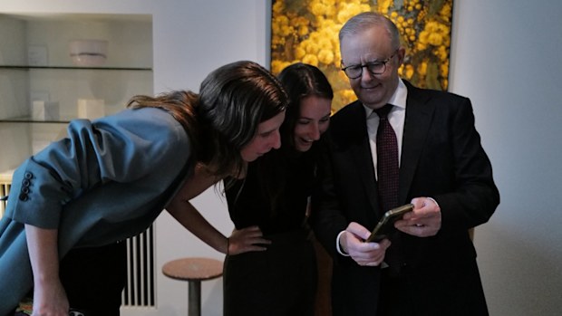 Big Small Talk podcast co-hosts Hannah Ferguson and Sarah-Jane Adams with Prime Minister Anthony Albanese.