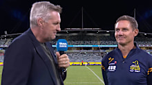 Former Wallabies Justin Harrison (left) and Brumbies head coach Stephen Larkham.