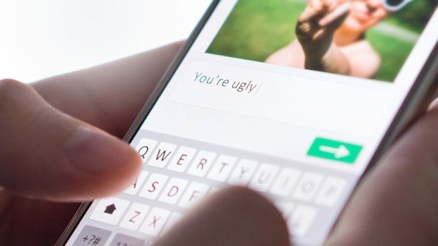 Internet troll sending mean comment to picture on an imaginary social media website with smartphone.