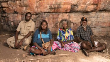 Traditional owners Simon Mudjandi, Rosie Mudjandi, May Nango and Mark Djanjomerr at the Kakadu rock shelter where Australian history has been re-written.