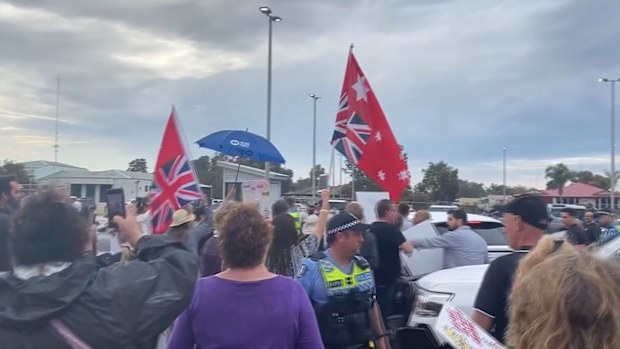 The premier was mobbed by protesters outside a town hall meeting in Eaton, south of Perth.