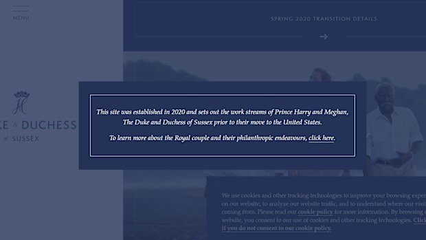 Disclaimer that appears on the front of the Sussex Royal site, when redirected from Sussex.com