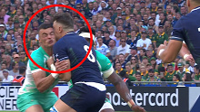 South Africa's Jesse Kriel tackles Jack Dempsey of Scotland awkwardly in the opening minutes of their Rugby World Cup match.