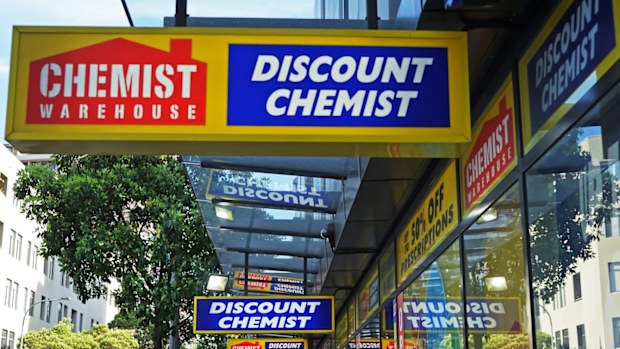Chemist Warehouse sign above the entrance to the drug store on Oxford Street.