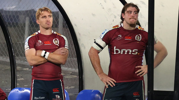 Queensland Reds Tate McDermott and Fraser McReight after being sent off in Whangarei.