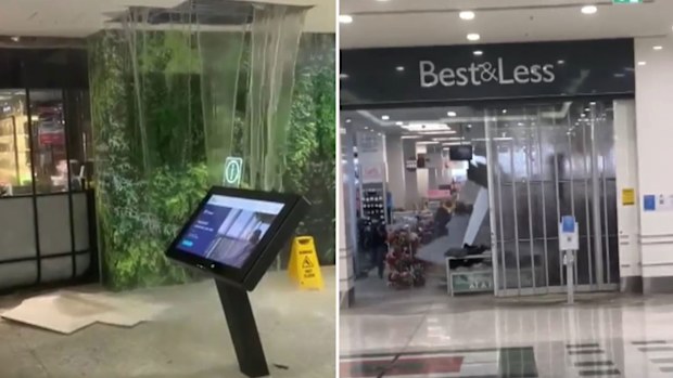 The roof at Westfield Mt Druitt collapsed, sending water gushing down into the shops (left) and caving in ceilings (right). sydney storm