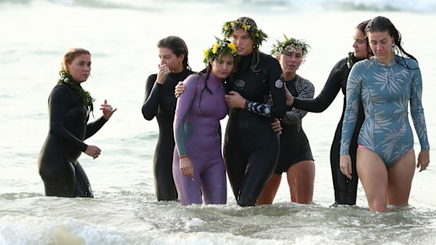 Alex Pullin's girlfriend Ellidy Vlug is supported by family and friends in memory of Alex 'Chumpy' Pullin on July 11, 2020 in Gold Coast, Australia. 