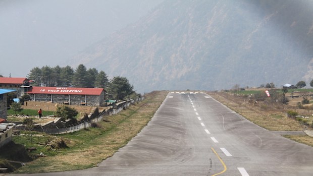 The precarious drop off at the end of Lukla's runway 