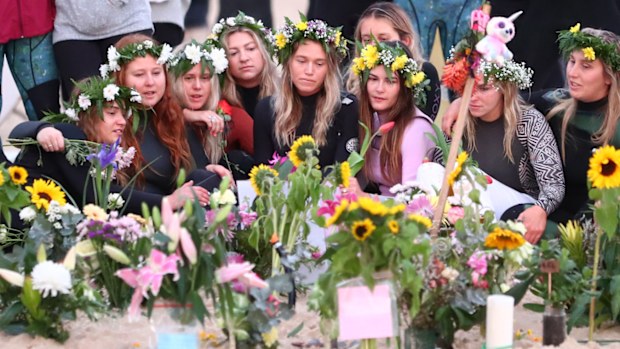Alex Pullin's girlfriend Ellidy Vlug is supported by family and friends in memory of Alex 'Chumpy' Pullin on July 11, 2020 in Gold Coast, Australia. 