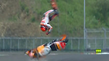 Marc Marquez experiences a massive highside accident which sees him flung into the air.