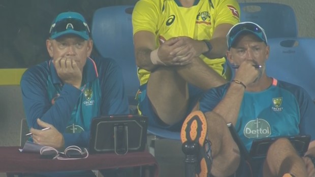 Australian coaching staff reacting after Cameron Green was given out run out after he failed to ground his bat in the second ODI against India.