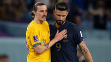Jackson Irvine and Olivier Giroud after full time.