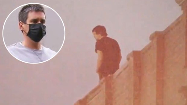 Porsche driver Richard Pusey inset and on a roof in Melbourne.