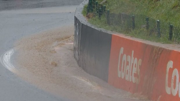 The water running down the hill at Skyline. Track activity at the Bathurst 1000 has been suspended.