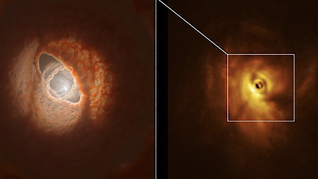 The SPHERE image (right) with an ESO artist impression (left).