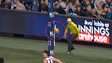 Port Adelaide's round 19 kick that hit the umpire's goal flags.