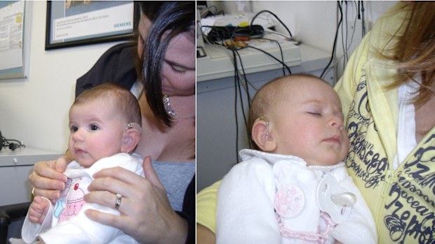 Sienna (left) and Isabella (right) at their first hearing aid fitting. 