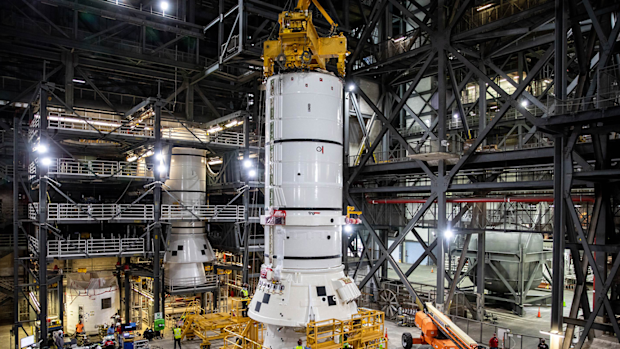 The solid rocket boosters are the first components of the SLS rocket to be stacked and will help support the remaining rocket pieces and the Orion spacecraft.