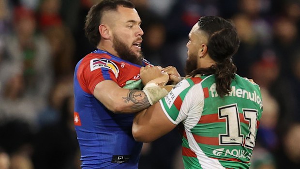 David Klemmer of the Knights during an altercation with the Rabbitohs during the round 17 NRL match between the Newcastle Knights and the South Sydney Rabbitohs at McDonald Jones Stadium, on July 08, 2022, in Newcastle, Australia. (Photo by Ashley Feder/Getty Images)