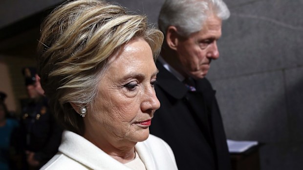 Hillary Clinton looks on at Donald Trump inauguration