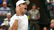 Alex de Minaur celebrates during his fourth round win at Wimbledon.
