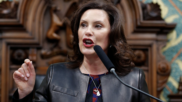 In this Jan. 29, 2020, file photo Michigan Gov. Gretchen Whitmer delivers her State of the State address to a joint session of the House and Senate at the state Capitol in Lansing, Mich. 