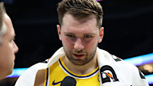 Luka Doncic #77 of the Los Angeles Lakers talks to the media after the game against the Charlotte Hornets on November 10, 2025 at Spectrum Center in Charlotte, North Carolina. 