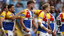 London Broncos' Joshua Rourke (centre) celebrates after scoring a try during the Betfred Super League match at Elland Road, Leeds. Picture date: Saturday August 17, 2024. (Photo by Richard Sellers/PA Images via Getty Images)