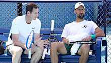 Coach Andy Murray in discussion with Novak Djokovic during a practice session at the Miami Open on March 20, 2025.