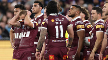 The Maroons react after conceding a try against NSW in State of Origin II, 2024.