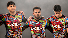 Selwyn Cobbo, Ezra Mam and Kotoni Staggs of the Broncos.