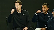 Andy Murray in the coach's pod cheering on Novak Djokovic at the 2025 Australian Open.