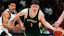 Jacob Furphy of Australia drives to the basket during the FIBA U19 Basketball World Cup 2025 quarter-final between Germany v Australia at Lausanne Arena on July 04, 2025 in Lausanne, Switzerland. (Photo by Vianney Thibaut/FIBA via Getty Images)