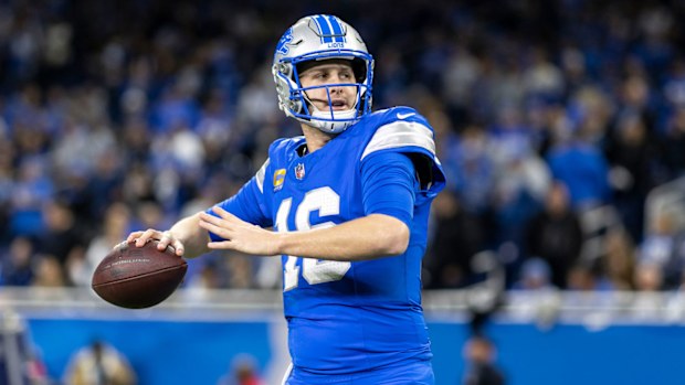 DETROIT, MICHIGAN - JANUARY 18: Jared Goff #16 of the Detroit Lions looks to pass prior to an NFL Football game against the Washington Commanders at Ford Field on January 18, 2025 in Detroit, Michigan. (Photo by Michael Owens/Getty Images)