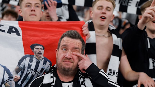 Newcastle United fans after their team won the Carabao Cup final against Liverpool at Wembley Stadium.