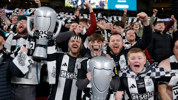 Newcastle United fans after winning the Carabao Cup Final between Liverpool and Newcastle United at Wembley Stadium on March 16, 2025 in London, England. (Photo by Nigel French/Sportsphoto/Allstar via Getty Images)