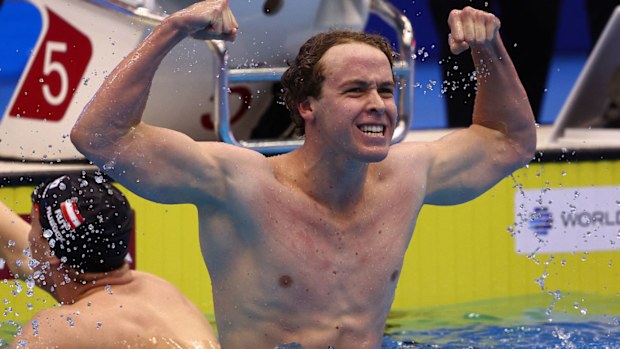Australia's Sam Short celebrates after winning gold at the 2023 world championships.