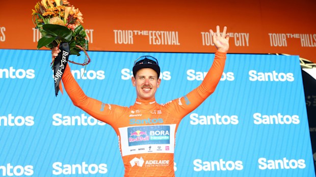 Sam Welsford of Australia and Red Bull BORA Hansgrohe team wearing the Ochre Leaders jersey after the 25th Santos Tour Down Under Ziptrak Men's Stage 1 from Prospect to Gumeracha on January 21, 2025 in Adelaide, Australia.
