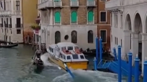 The malfunctioning ferry ploughed into two gondolas in Venice, Italy, forcing nine people to be rescued.