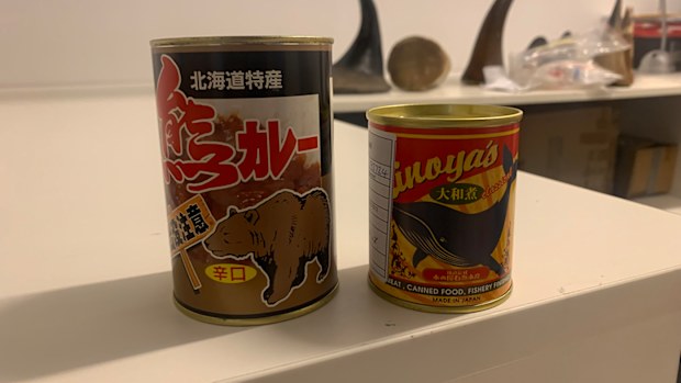 Tins labelled as containing bear and whale meat.
