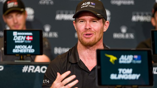 Australia's SailGP driver Tom Slingsby speaks at the press conference ahead of the Sydney 2024 event.
