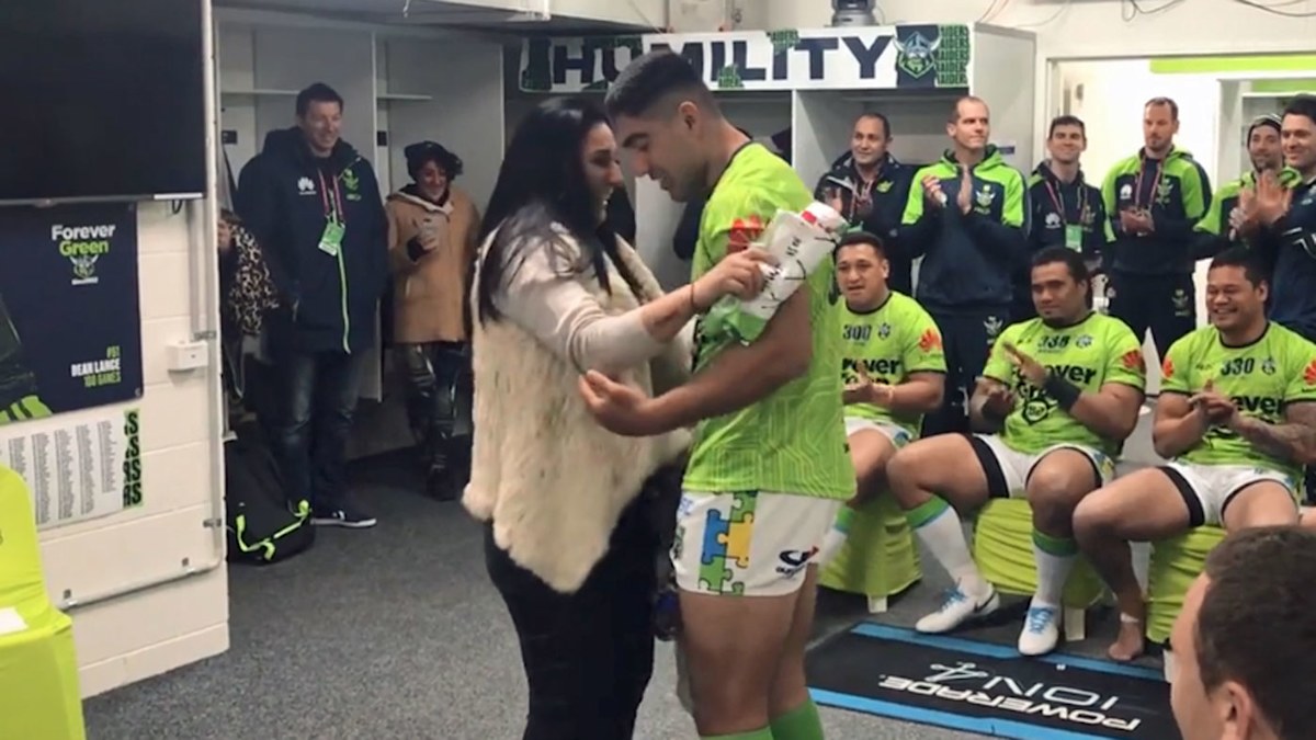 NRL Canberra Raiders Emre Guler in tearkjering jumper presentation with ...