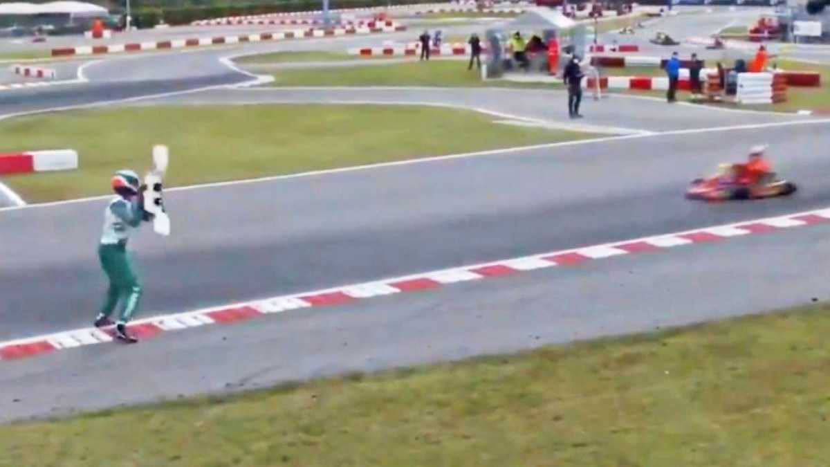 Motorsport Luca Corberi throws bumper at rival driver, FIA Karting