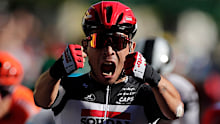 Caleb Ewan celebrates his brilliant win in the third stage of the Tour de France.