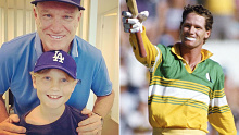 Dean Jones with his son Koby Dean Hamilton, and batting for Australia during his cricket career.