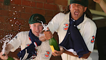 Michael Clarke and Andrew Symonds, pictured after Australia wrapped up the 2006-07 Ashes series 5-0.