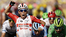Caleb Ewan reacts to winning the final stage of the Tour de France in Paris.