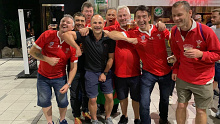 Jacob Peyper poses for a photo with Welsh rugby fans, mimicking the elbow that saw him hand Vahaamahina a red card.
